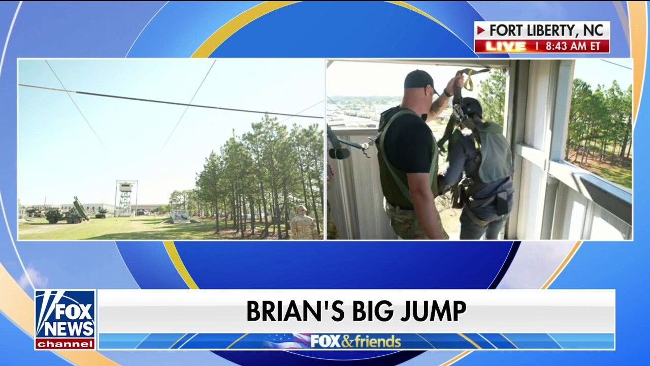 Brian Kilmeade does zipline jump at Fort Liberty