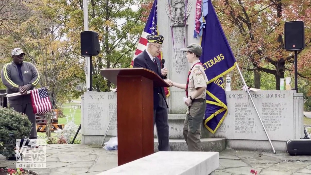 Young Dylan Smith of New York honors a World War II veteran this Veterans Day