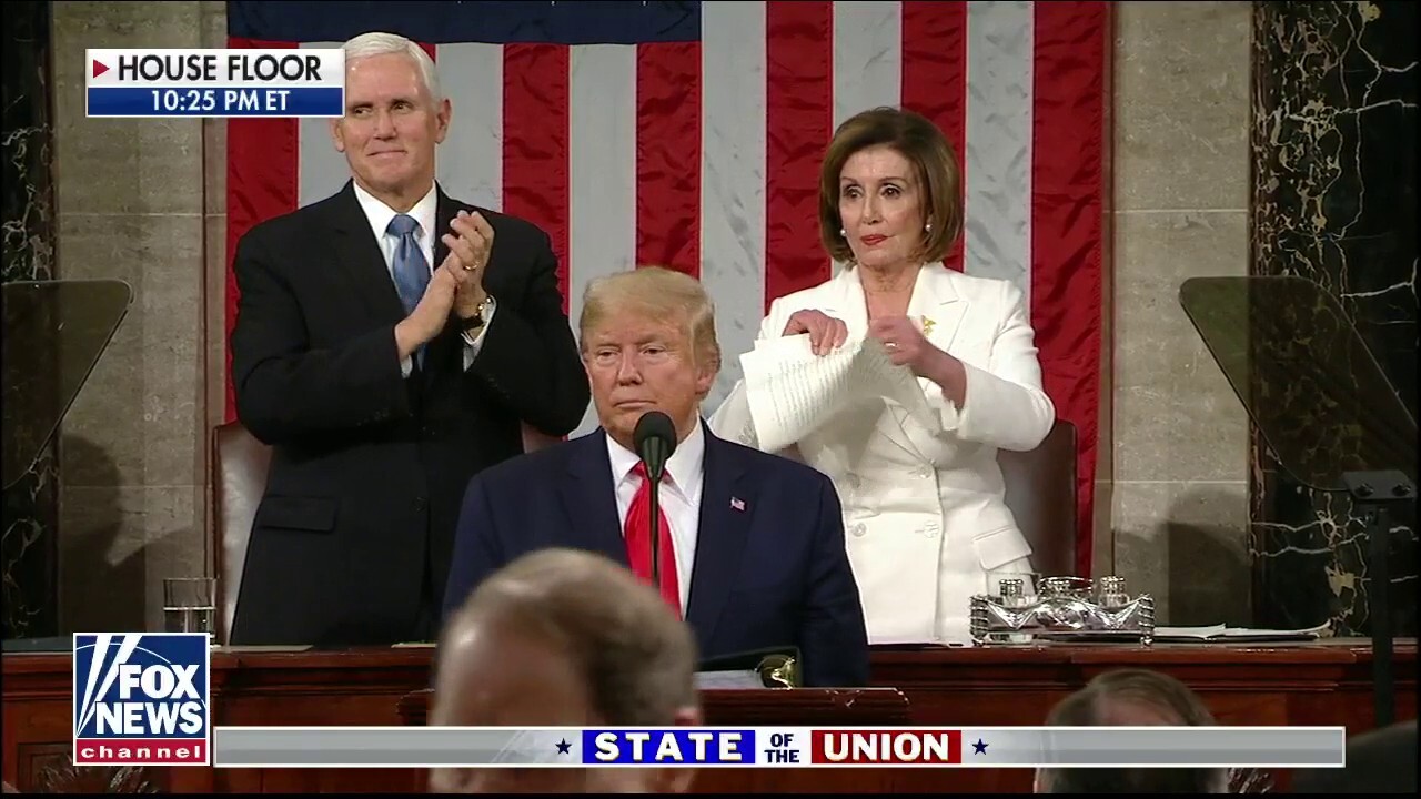 Nancy Pelosi Tears Up President Trumps Speech Script Behind Him As He Finishes State Of The