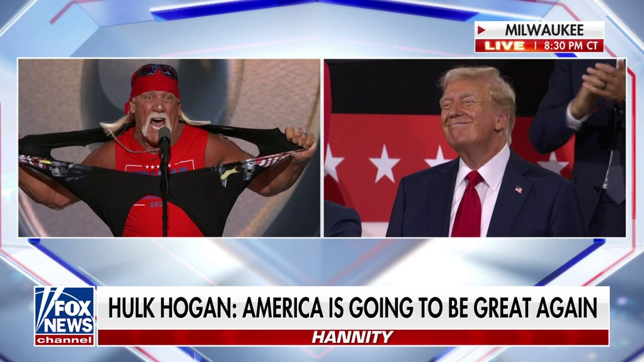Wrestling legend Hulk Hogan rips his shirt off during his Republican National Convention speech.