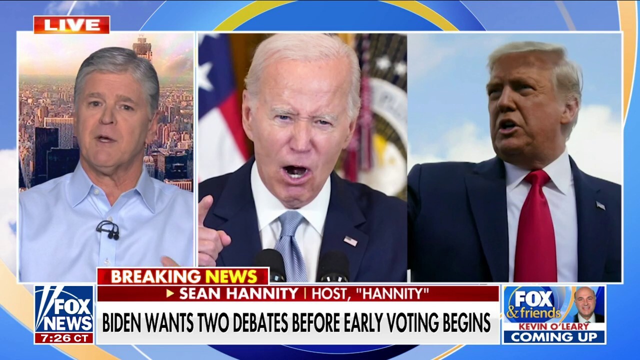 Fox News' Sean Hannity joined 'Fox & Friends' to discuss his reaction to Biden urging Trump to pick dates for possible debates ahead of November and why he sees it as a positive opportunity for the former president heading into the election.