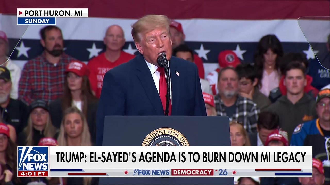 Trump sounds off on El-Sayed's agenda while campaigning for Mike Rogers