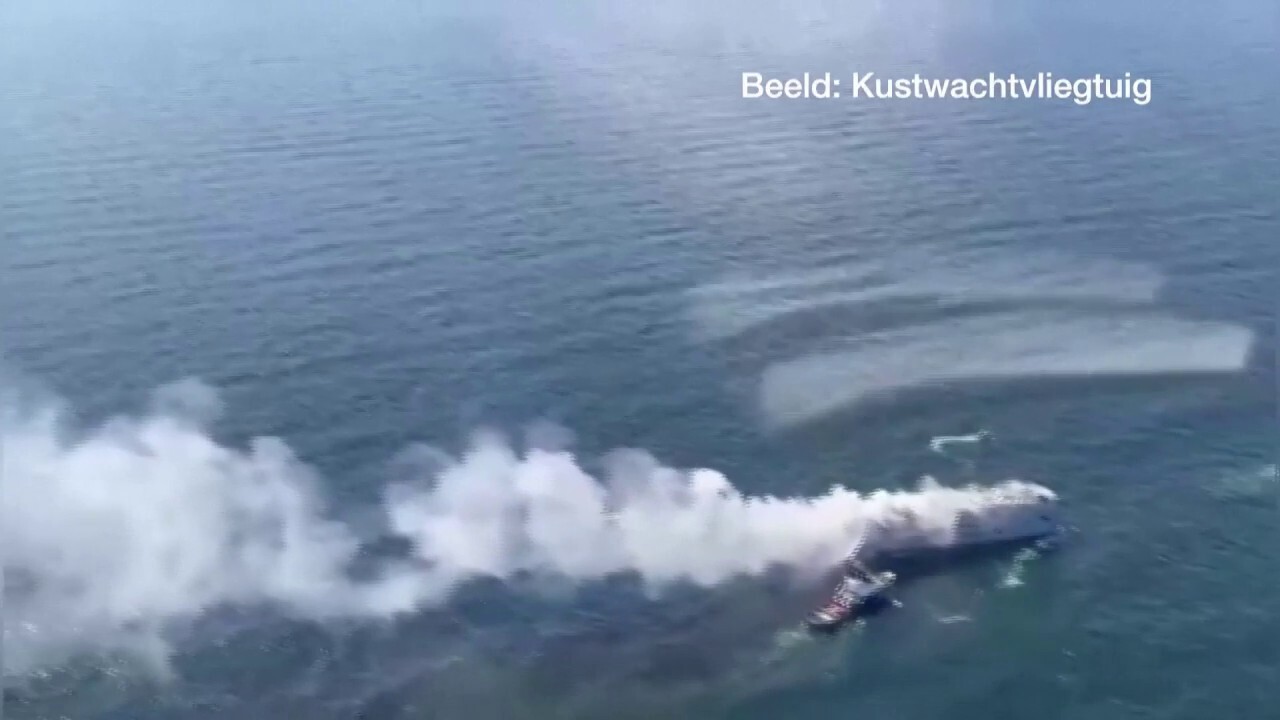 Aerial footage shows fire blazing on cargo ship off Dutch Coast