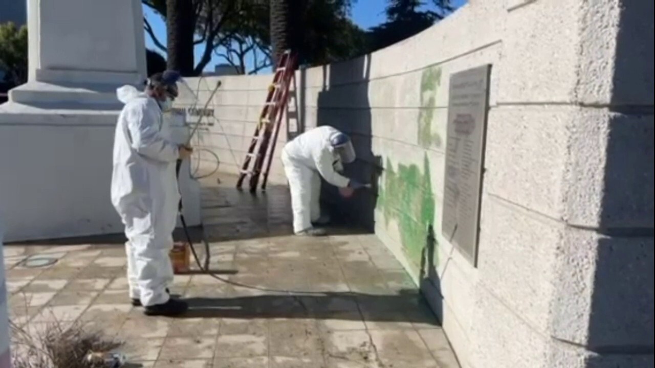VIDEO: 'Free Gaza' graffiti clean up at National Cemetery in LA