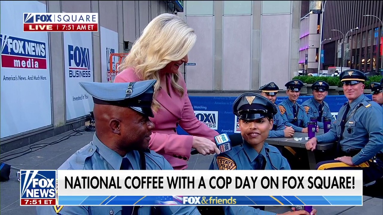 FOX Weather’s Janice Dean speaks wih PJ’s Coffee co-founder Steven Ballard and police officers in honor of National Coffee with a Cop Day.
