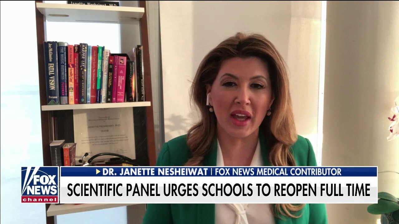 Dr. Janette Nesheiwat reacts after a scientific panel urges schools to reopen full time