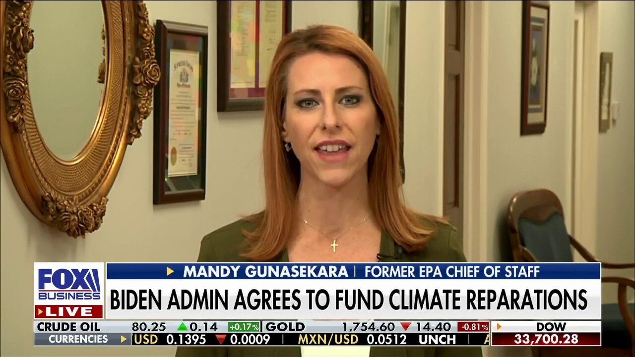 Former EPA chief of staff Mandy Gunasekara shares her thoughts on Biden agreeing to fund climate reparations on ‘Fox Business Tonight.’