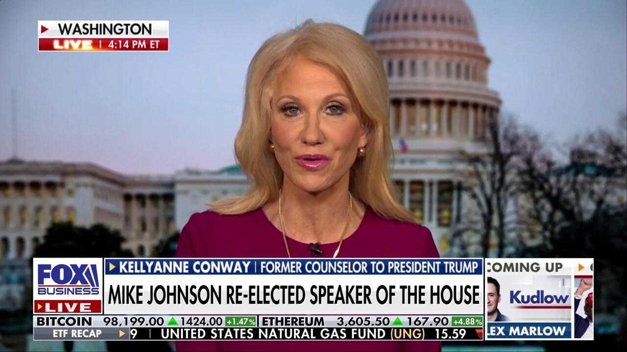  Former Trump counselor Kellyanne Conway gives her take on Rep. Mike Johnson being re-elected as House speaker on 'Kudlow.'