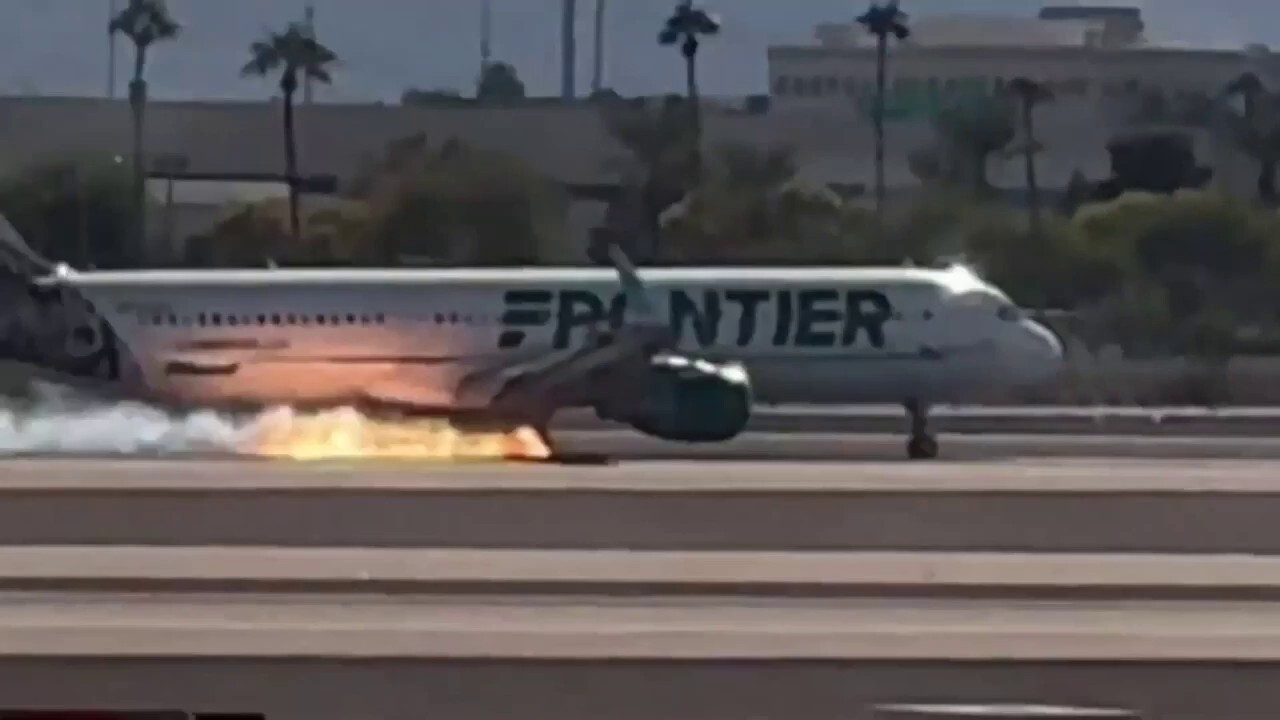 Flames and smoke were seen coming from a Frontier Airlines plane as it landed at Harry Reid International Airport in Las Vegas, Nevada, on October 5. Credit: @TylerHerrick via Storyful