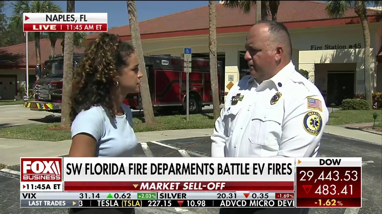 FOX Business' Madison Alworth reports from Naples, Florida, where the fire department is battling electric vehicle fires due to water damage.