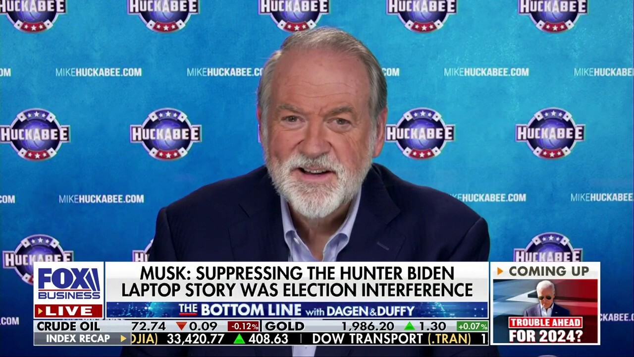 Former Arkansas Gov. Mike Huckabee discusses Elon Musk saying that suppressing the Hunter Biden laptop story was election interference on ‘The Bottom Line.’