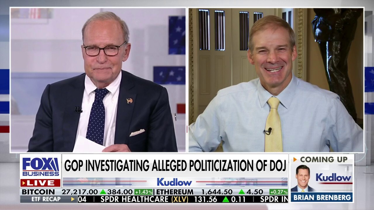  Rep. Jim Jordan, R-Ohio, calls out the 'double standard' of justice for the Biden family and Trump on 'Kudlow.'