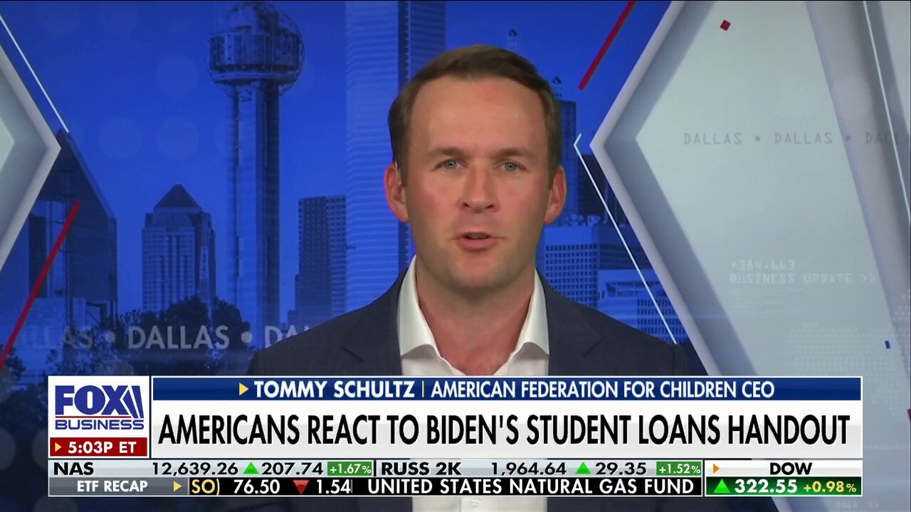 American Federation for Children CEO Tommy Schultz discusses Biden’s student loan handout of $300 billion and how it does not address the underlying issue of overpriced education on ‘Fox Business Tonight.’