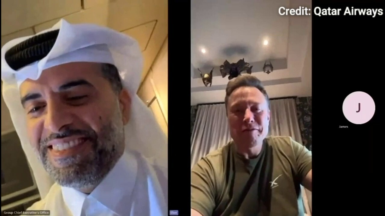 Elon Musk and Qatar Airways Group CEO discussed Starlink over video call using the technology amid the airline debuting Starlink Wi-Fi on a flight. (Credit: Qatar Airways)