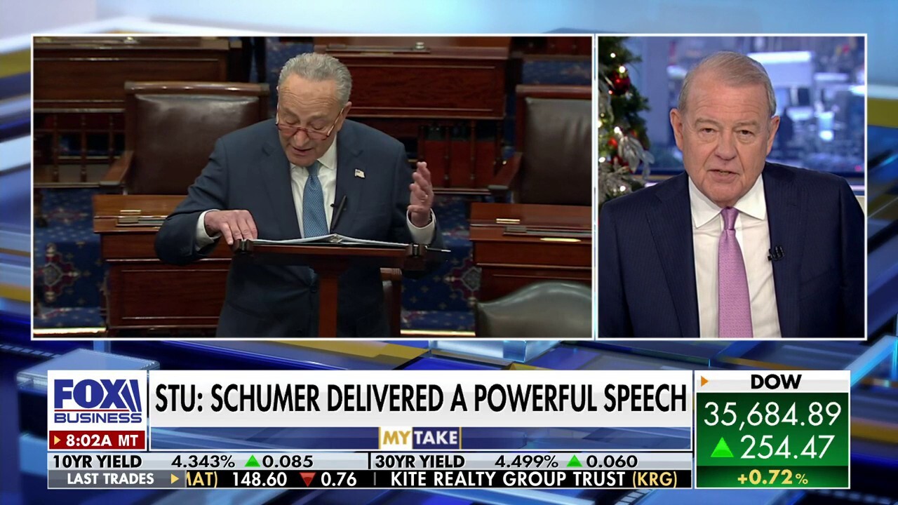 Varney & Co. host Stuart Varney discusses Senate Majority Leader Chuck Schumers speech condemning antisemitism in the U.S. since Hamas attack on Israel.