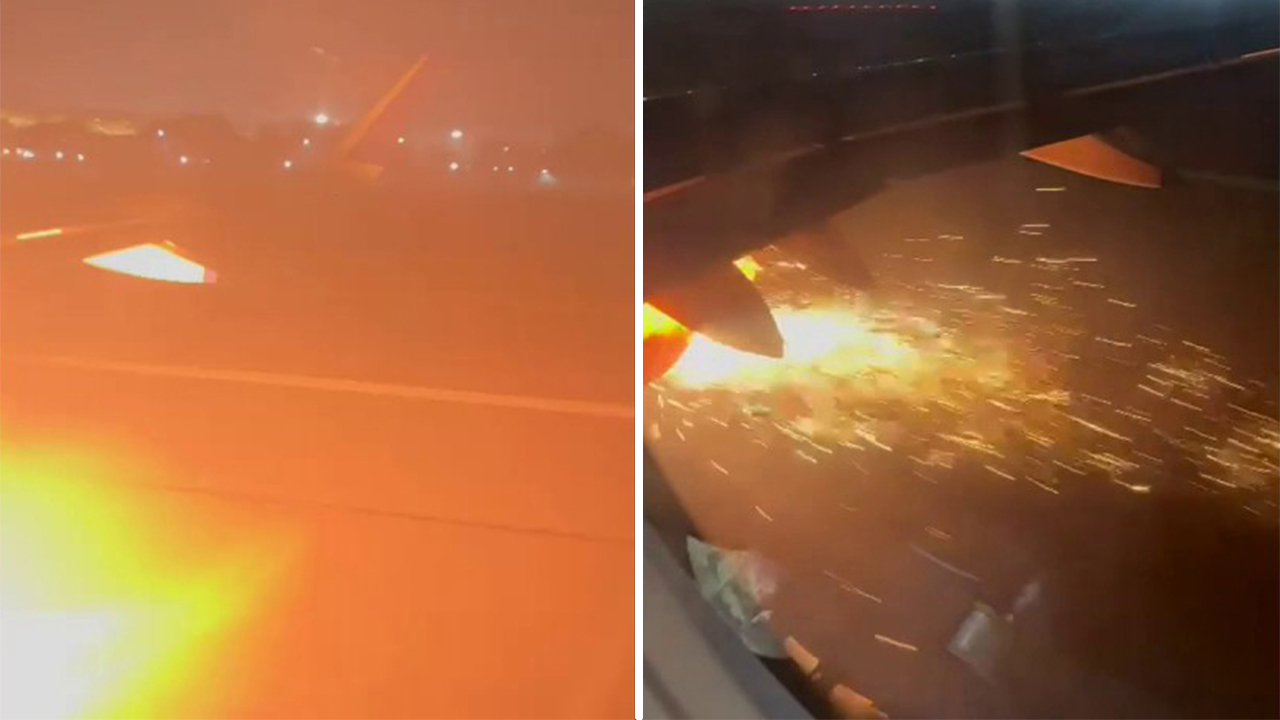 An IndiGo plane caught fire in Delhi during takeoff Friday. (LOCAL NEWS X /TMX)