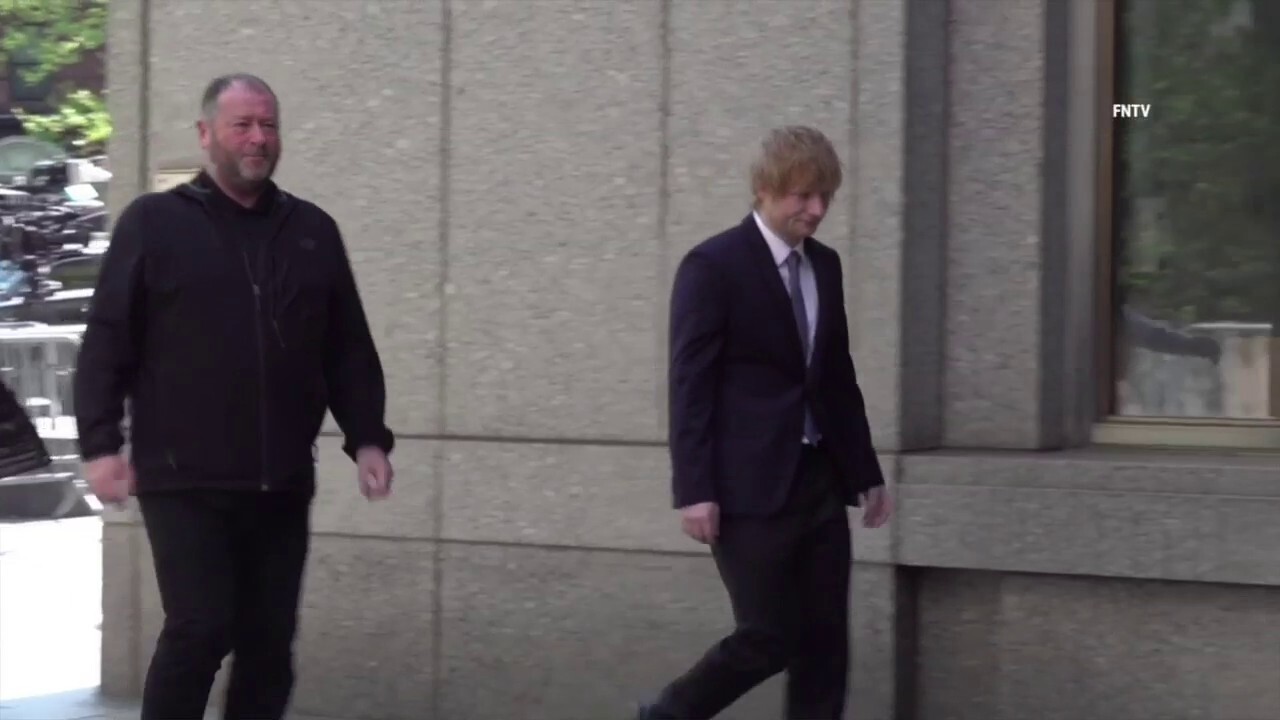 Ed Sheeran arrives at Manhattan federal court on Tuesday, April 25, 2023. Sheeran is being sued by the heirs of Ed Townsend, co-writer of Marvin Gaye's "Let's Get It On", for copyright infringement in his 2014 song "Thinking Out Loud". (FNTV)  
