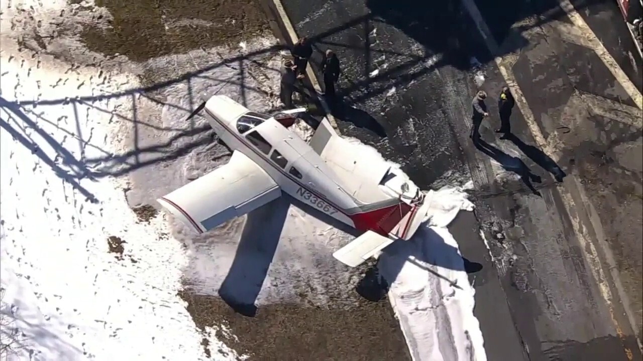 A small plane crash landed on a highway in New York's Long Island following an engine failure, officials say. (Credit: WNYW)