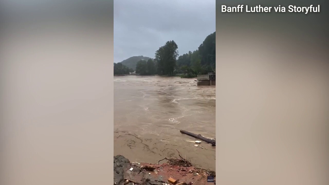 Footage shows damage to buildings and roads, and the ruins of the Lake Lure Flowering Bridge, a pedestrianized garden bridge over the Broad River maintained by community members, which was destroyed by the storm. (Credit: Banff Luther via Storyful)