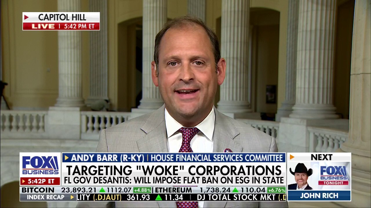 Rep. Andy Barr discusses how Florida Governor Ron DeSantis is planning to impose a flat ban on ESG in the state on ‘Fox Business Tonight.’