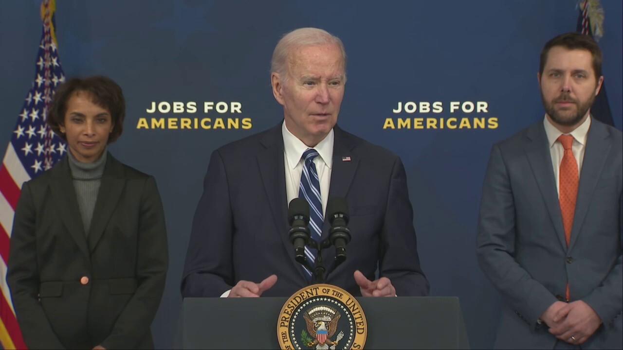 President Biden touted a surge in U.S. job growth and said Friday he takes no blame for inflation, claiming it 'was already there when I got here.'
