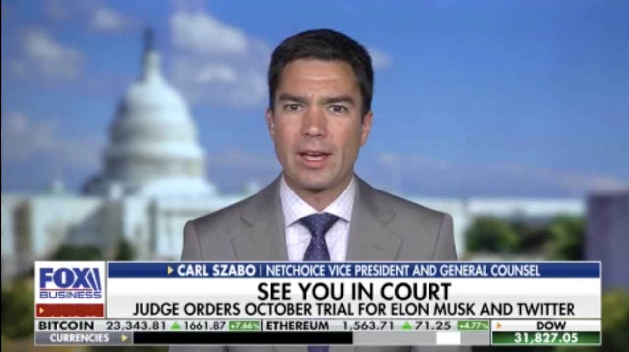 Netchoice Vice President and General Counsel Carl Szabo discusses the judge’s decision on when the trial between Elon Musk and Twitter will commence on ‘Fox Business Tonight.’