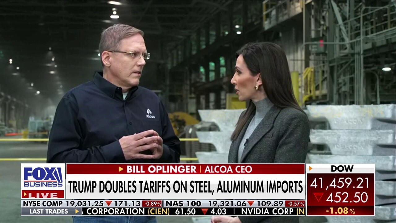 Alcoa Corporation CEO Bill Oplinger joins Varney & Co. and reacts to news that President Donald Trump intends to double tariffs on steel and aluminum imports to 50%.