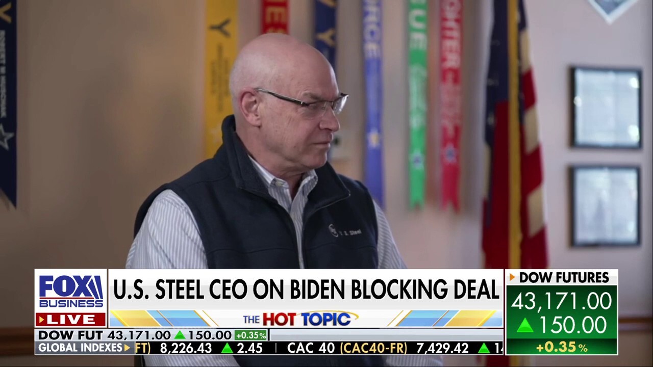 A 'Mornings with Maria' panel reacts to U.S. Steel CEO David Burritt sounding off on President Biden blocking their deal with Nippon Steel during a one-on-one sit down with FOX Business' Lydia Hu.