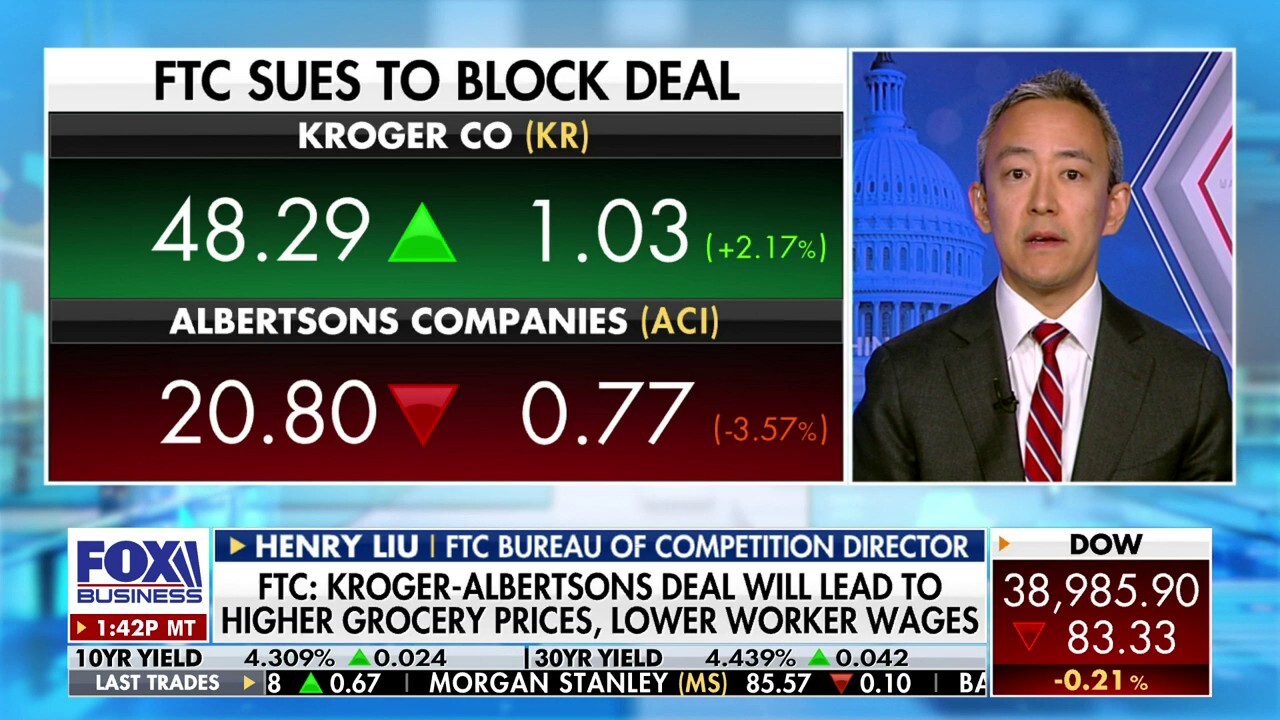 The director of the FTCs bureau of competition discusses its lawsuit to block the merger of Kroger, Albertsons on The Claman Countdown.