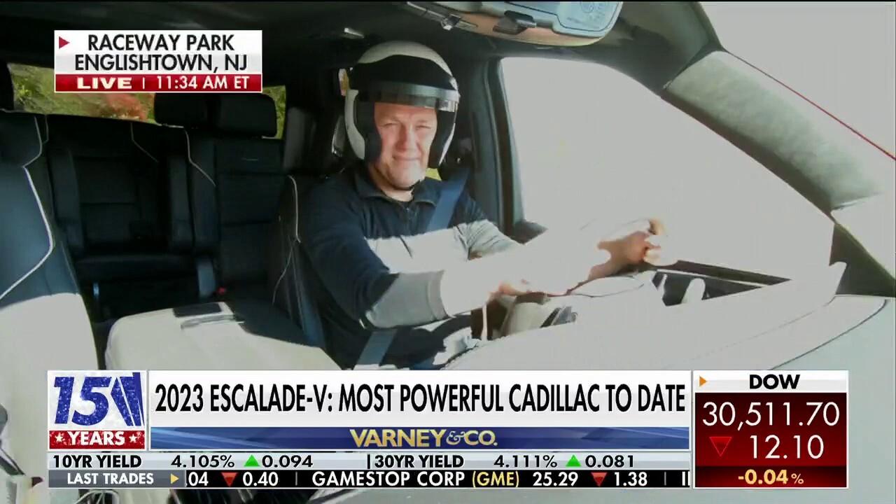 Gary Gastelu, automotive editor at Fox News, test drives the 2023 Cadillac Escalade-V at Raceway Park in Englishtown, New Jersey, on ‘Varney & Co.’