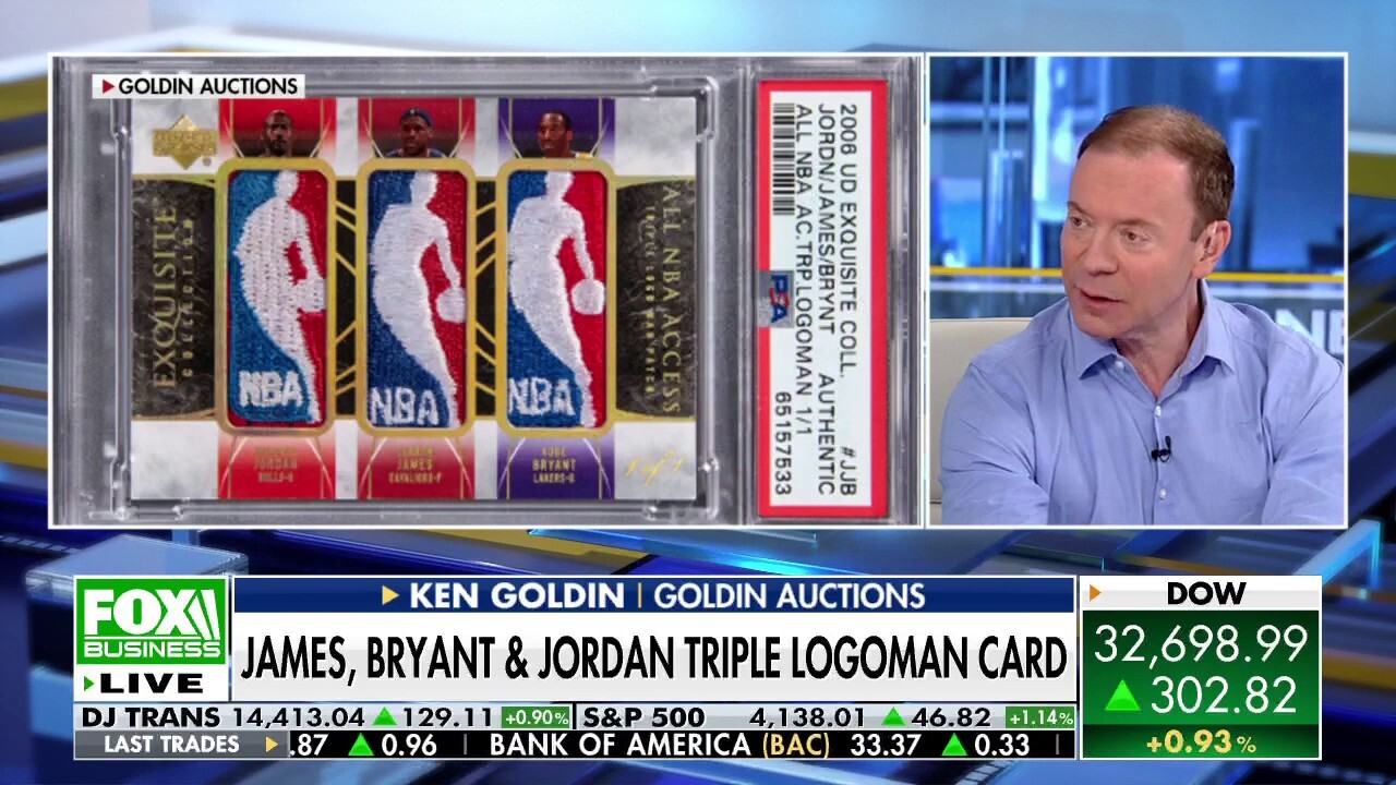 Goldin Auctions founder Ken Goldin showcases the iconic trading card featuring logos from the game-worn jerseys of Michael Jordan, LeBron James and Kobe Bryant on 'Varney & Co.'