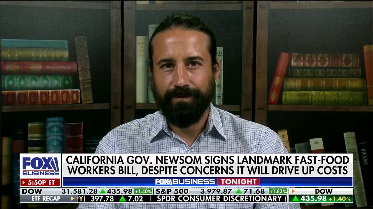 Chef and restaurant owner Andrew Gruel discusses California Gov. Gavin Newsom signing a landmark fast-food workers bill despite concern it will drive up consumer costs on "Fox Business Tonight."