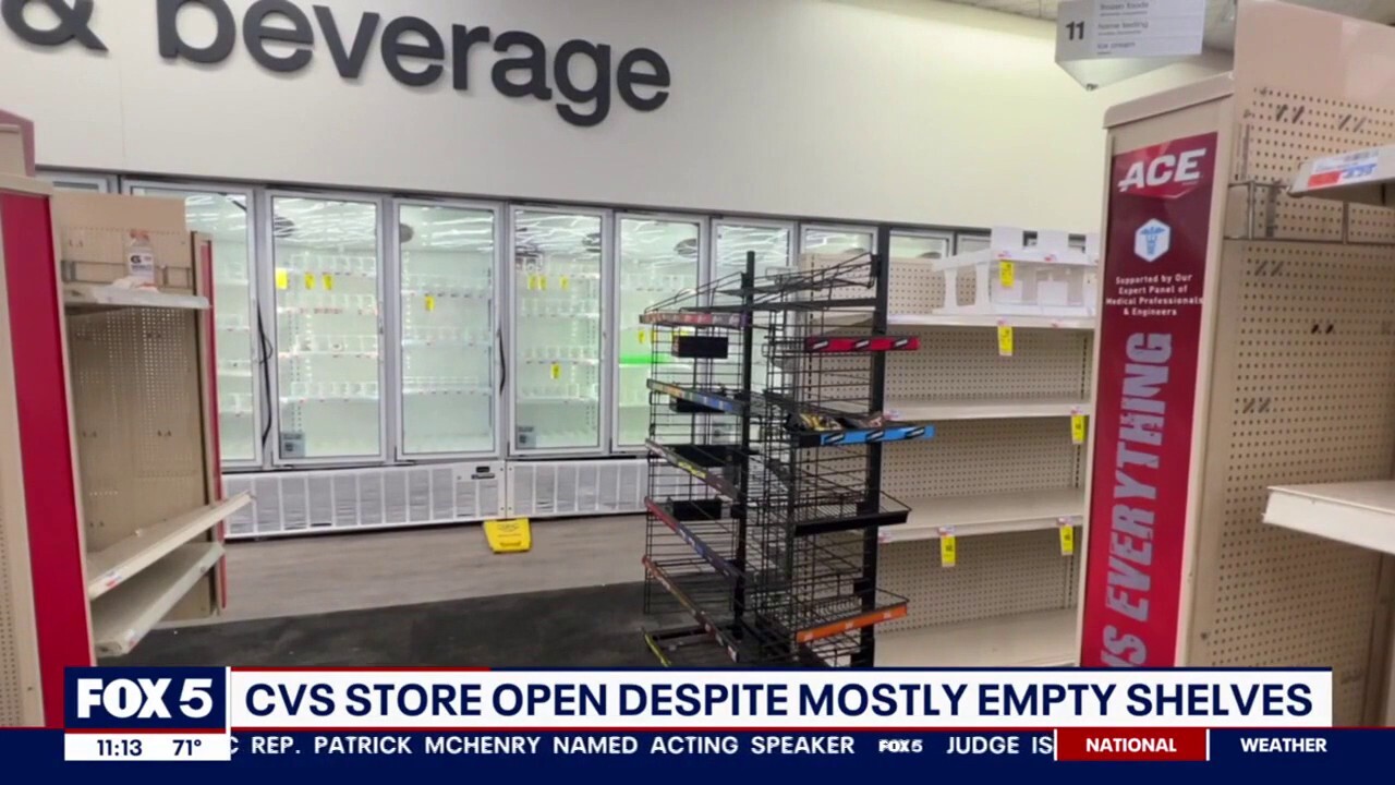 A CVS store in Washington D.C. is seen in Oct. 2023 footage with bare shelves after a group of teens ransacked the pharmacy chain. (WTTG-TV)