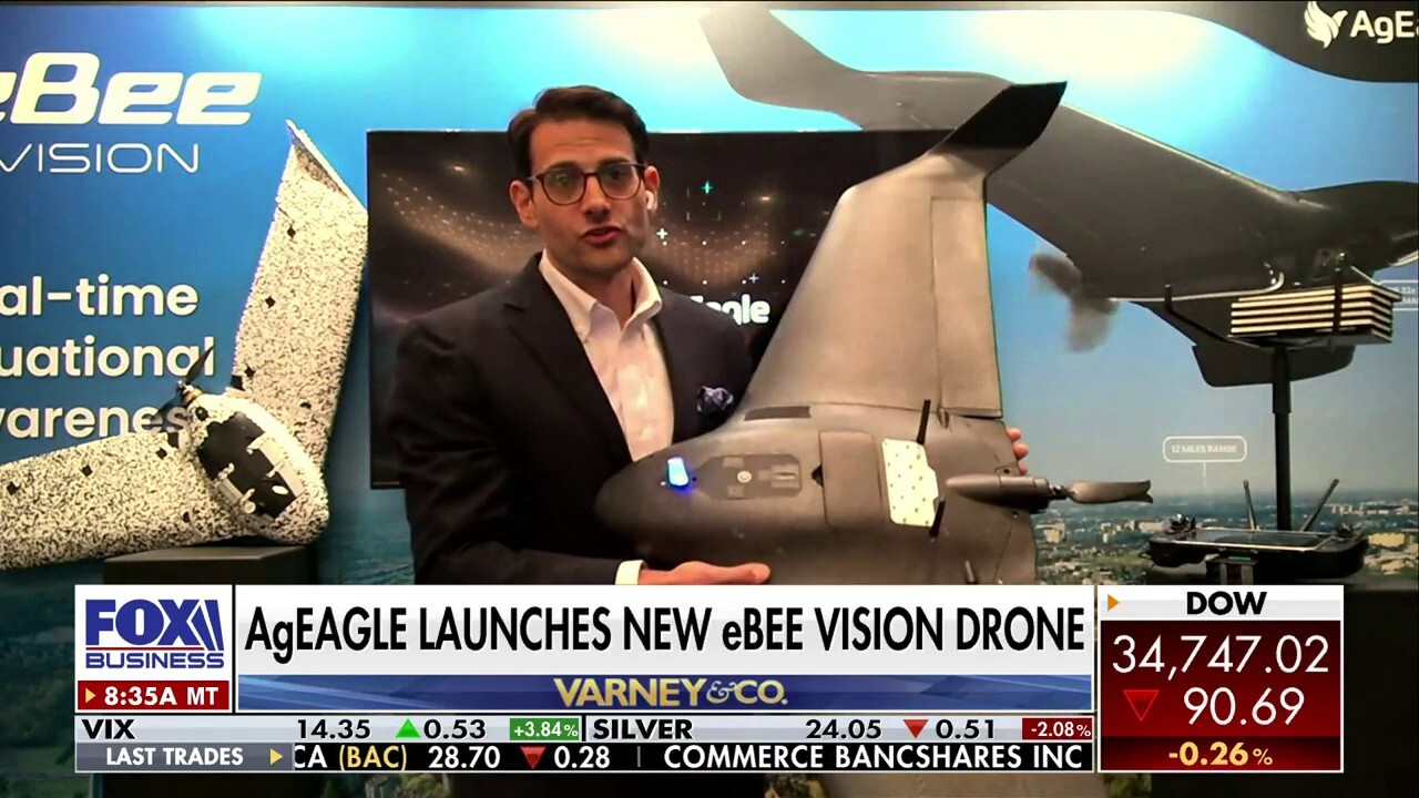 AgEagle Aerial Systems CEO Barrett Mooney says its new long-range, eBee surveillance drone is deployable within three minutes and costs around $65,000.