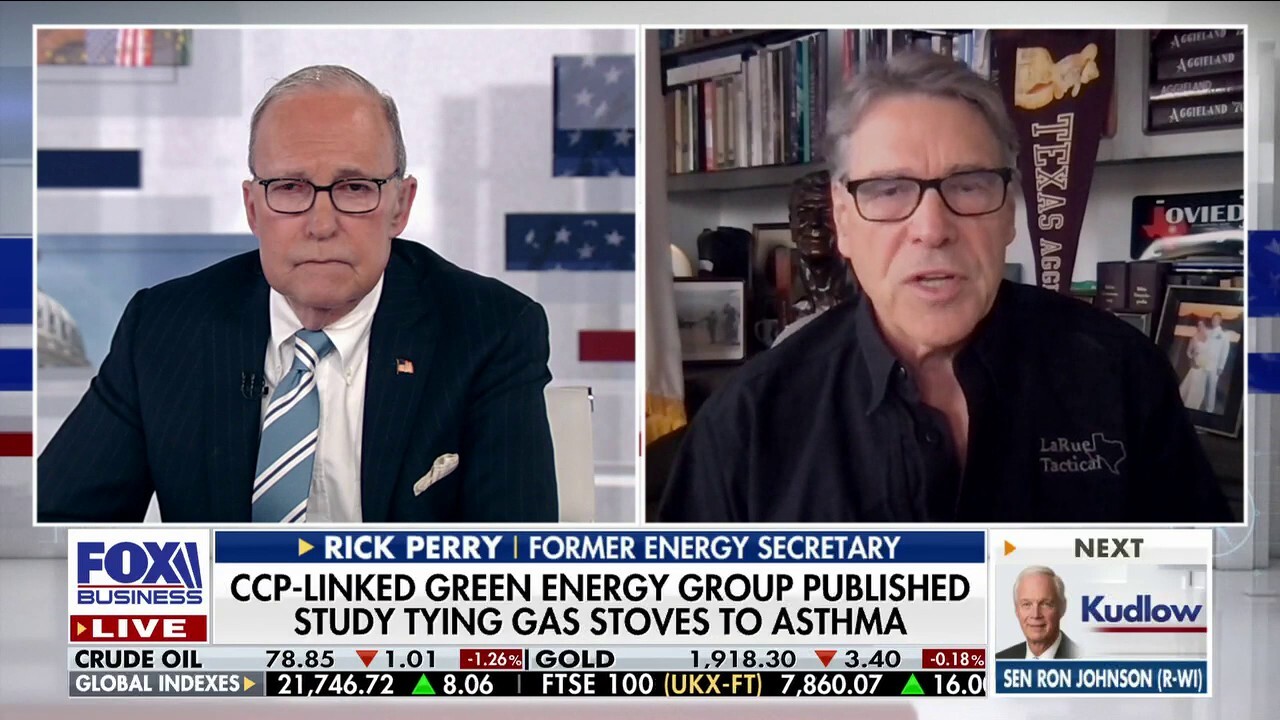 Former Texas governor and former energy secretary Rick Perry blasts left-wing green energy groups pushing to ban gas stoves on 'Kudlow.'