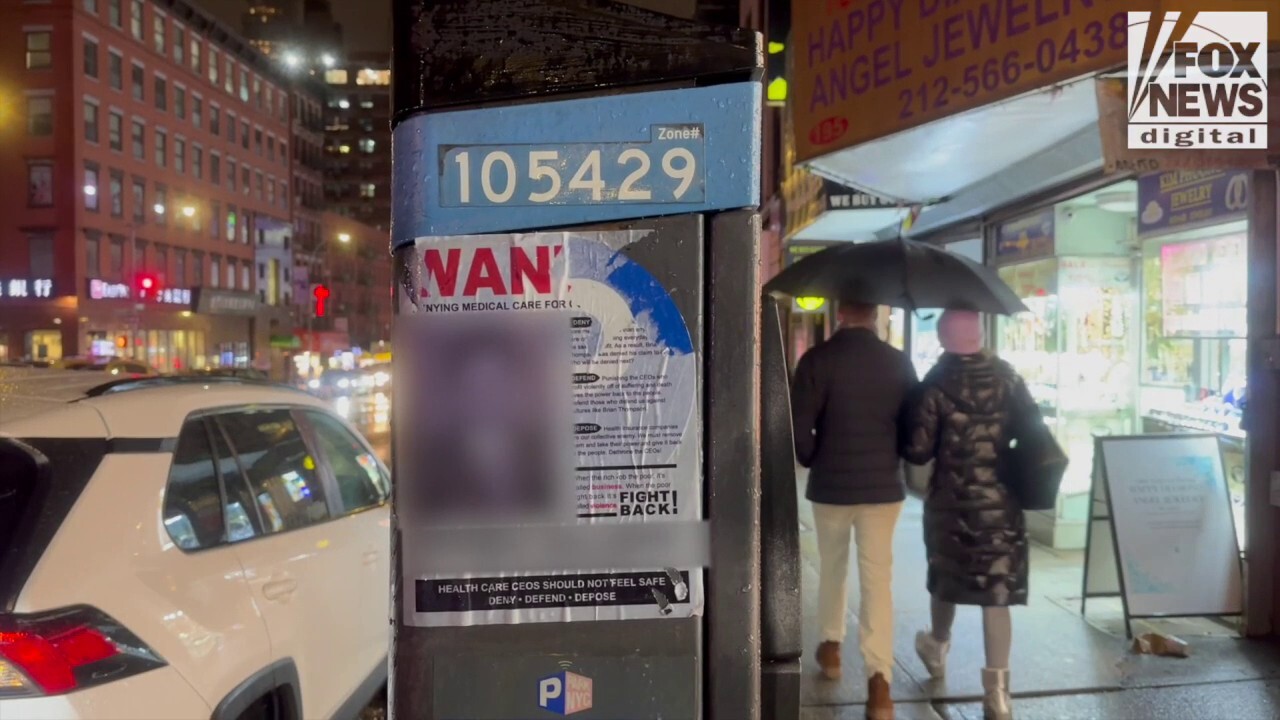 Several "wanted" posters identifying various health care CEOs began surfacing throughout New York City earlier this week, following the murder of UnitedHealthcare CEO Brian Thompson. (Julia Bonavita/Fox News Digital) 