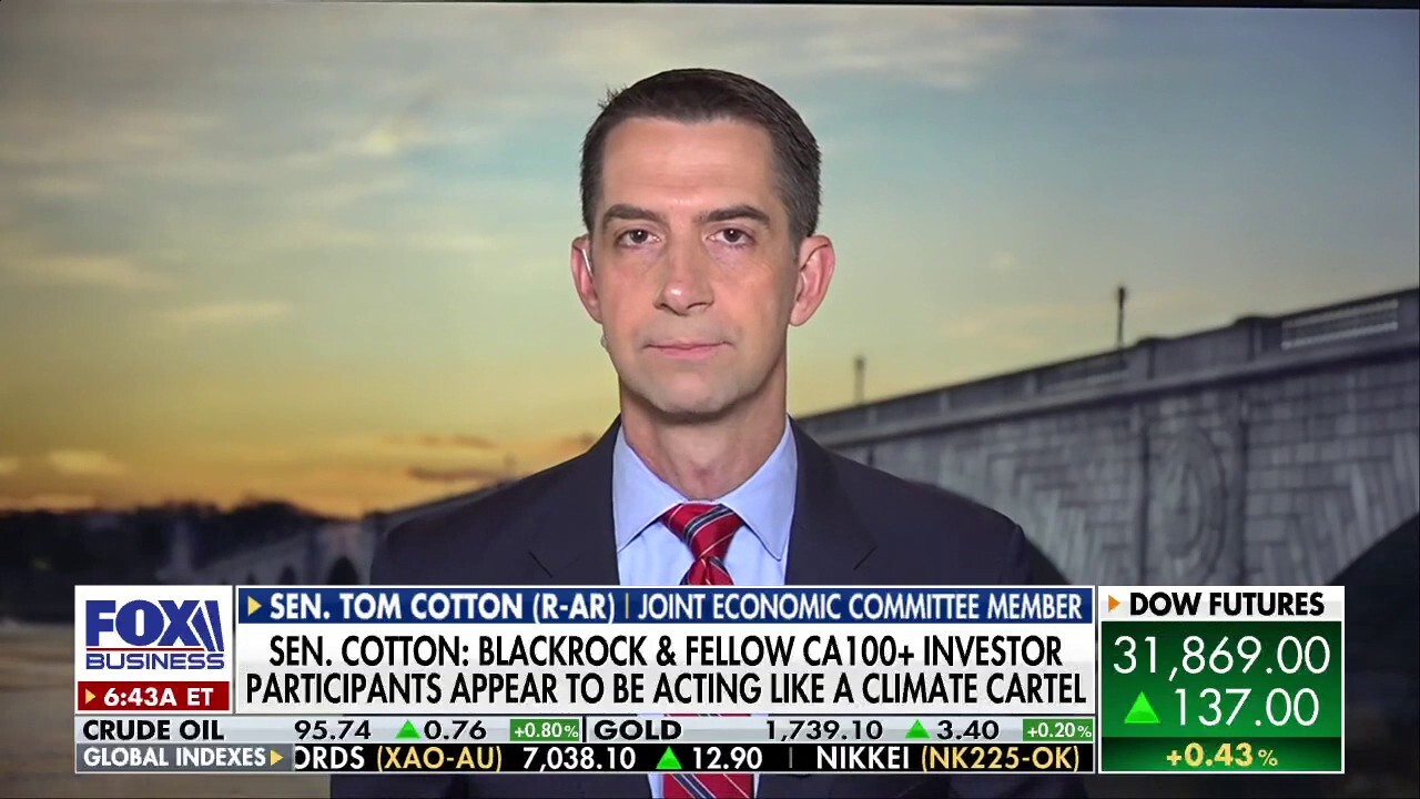 Sen. Tom Cotton, R-Ark., demands answers on BlackRock CEO Larry Fink’s involvement with the Climate Action 100+ initiative on ‘Mornings with Maria.’ 