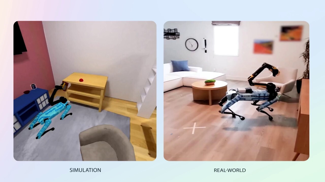 Simulation and real world view of 'Spot' Robot rearranging objects