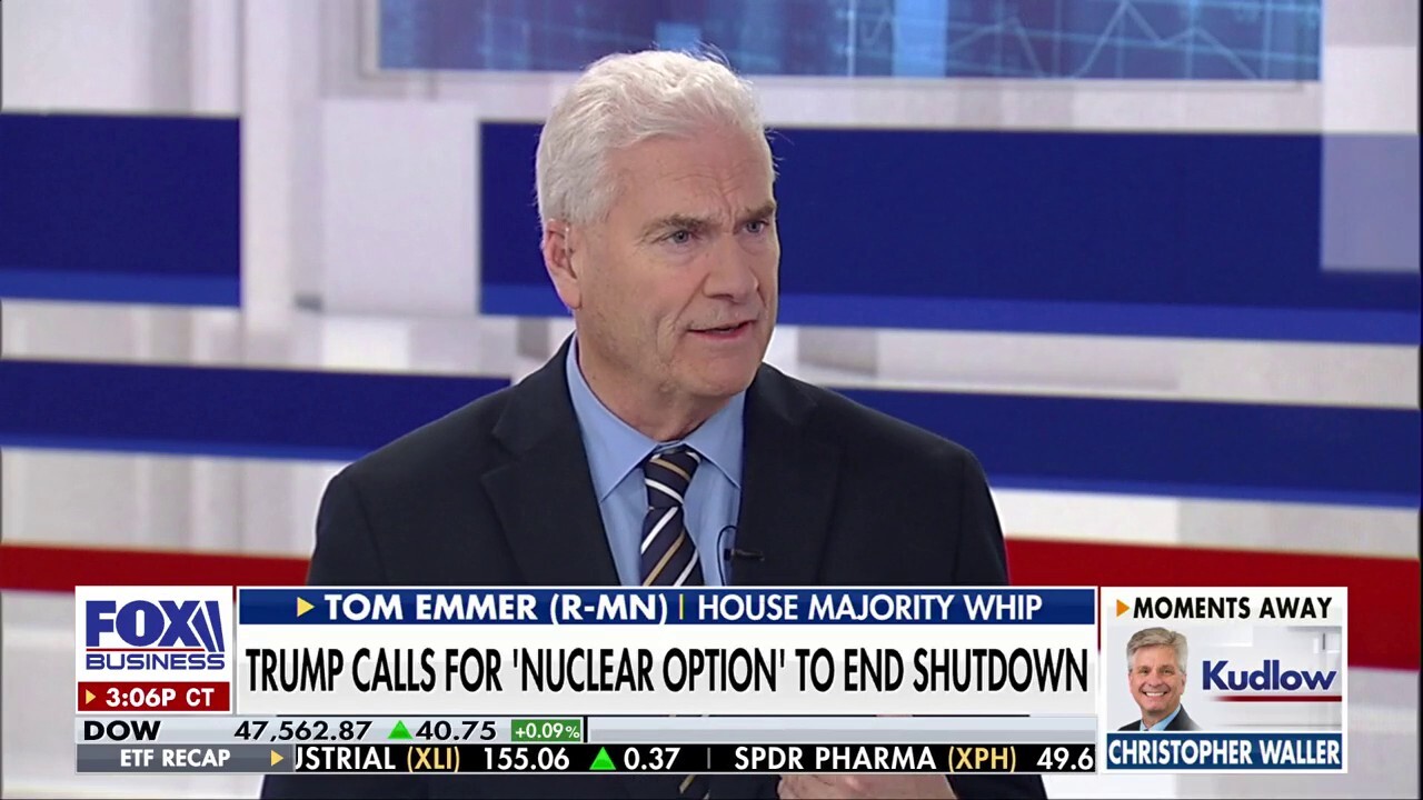 House Majority Whip Rep. Tom Emmer, R-Minn., addresses President Donald Trump's calls for a 'nuclear option' to end the government shutdown and how long he expects it to last on 'Kudlow.'