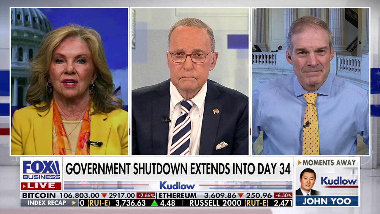 Sen. Marsha Blackburn, R-Tenn., and Rep. Jim Jordan, R-Ohio, discuss the government shutdown and accuse Democrats of unfairly blaming President Donald Trump on ‘Kudlow.’