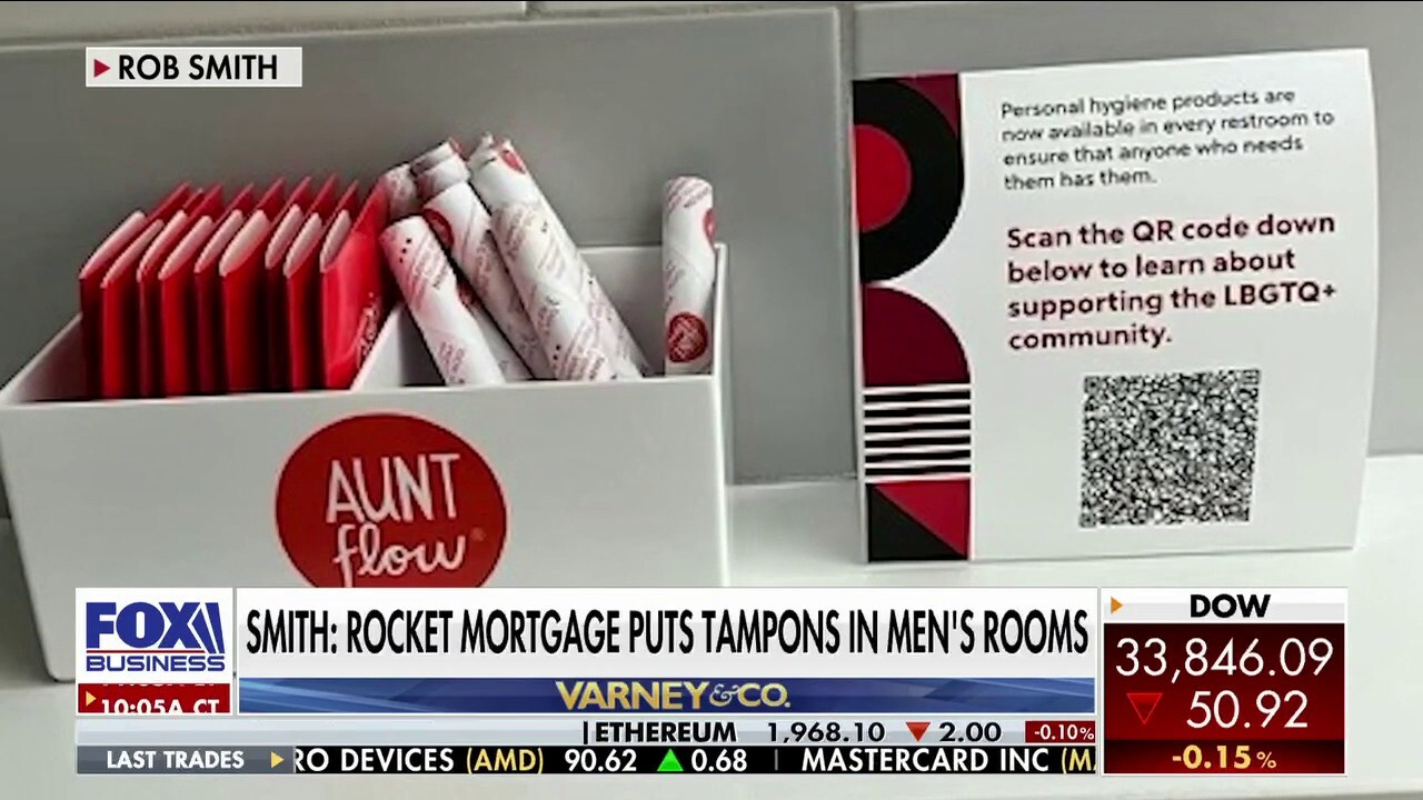 StopWoke founder Rob Smith reports Rocket Mortgage is providing tampons in men's rooms as part of the company's 'far-left LGBTQ+ initiative' on 'Varney & Co.'