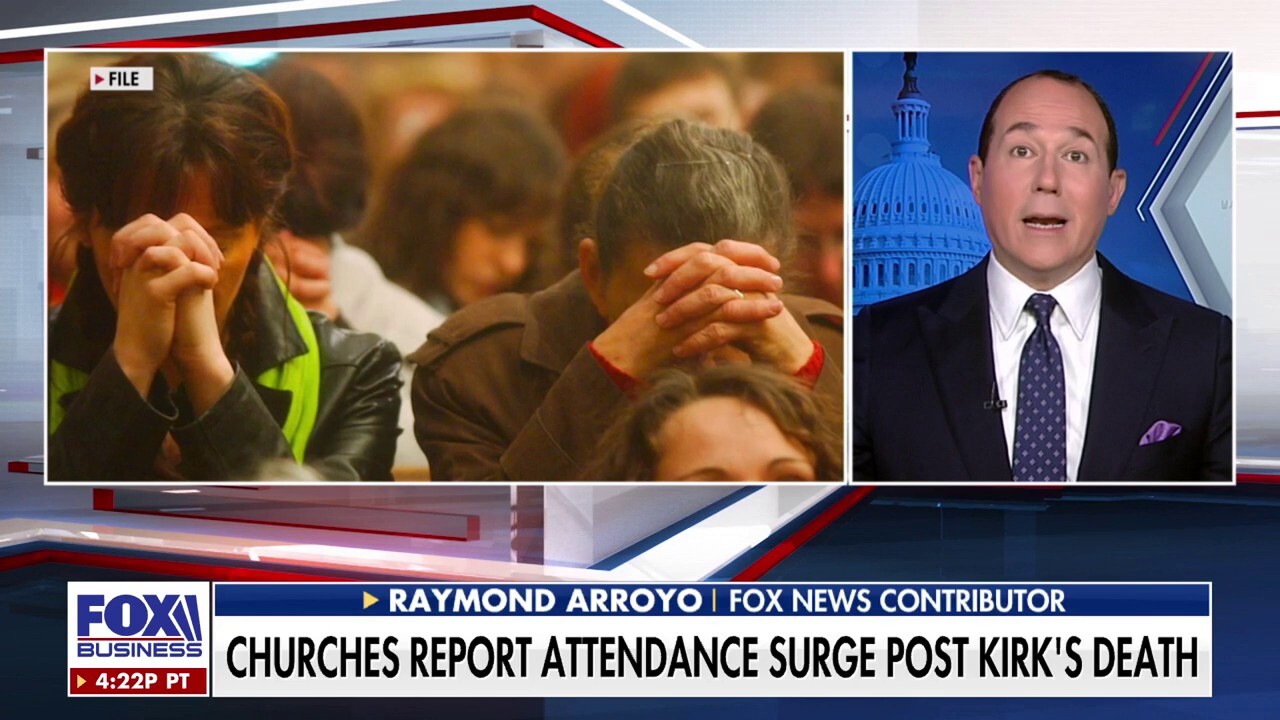 Fox News contributor Raymond Arroyo analyzes the 'religious awakening' after Charlie Kirk's assassination as churches report an attendance surge on 'Maria Bartiromo's Wall Street.'
