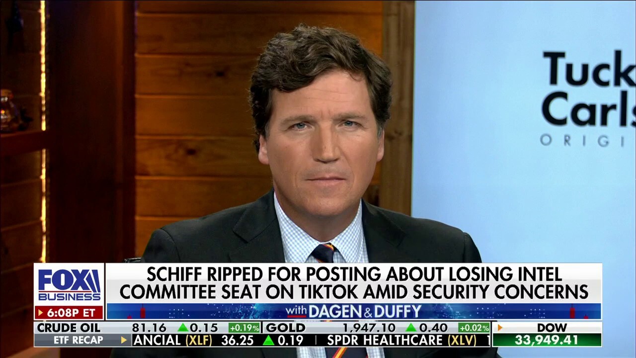 Fox News host Tucker Carlson discusses Rep. Adam Schiff posting about losing intel committee seat on TikTok amid security concerns on ‘The Bottom Line.’