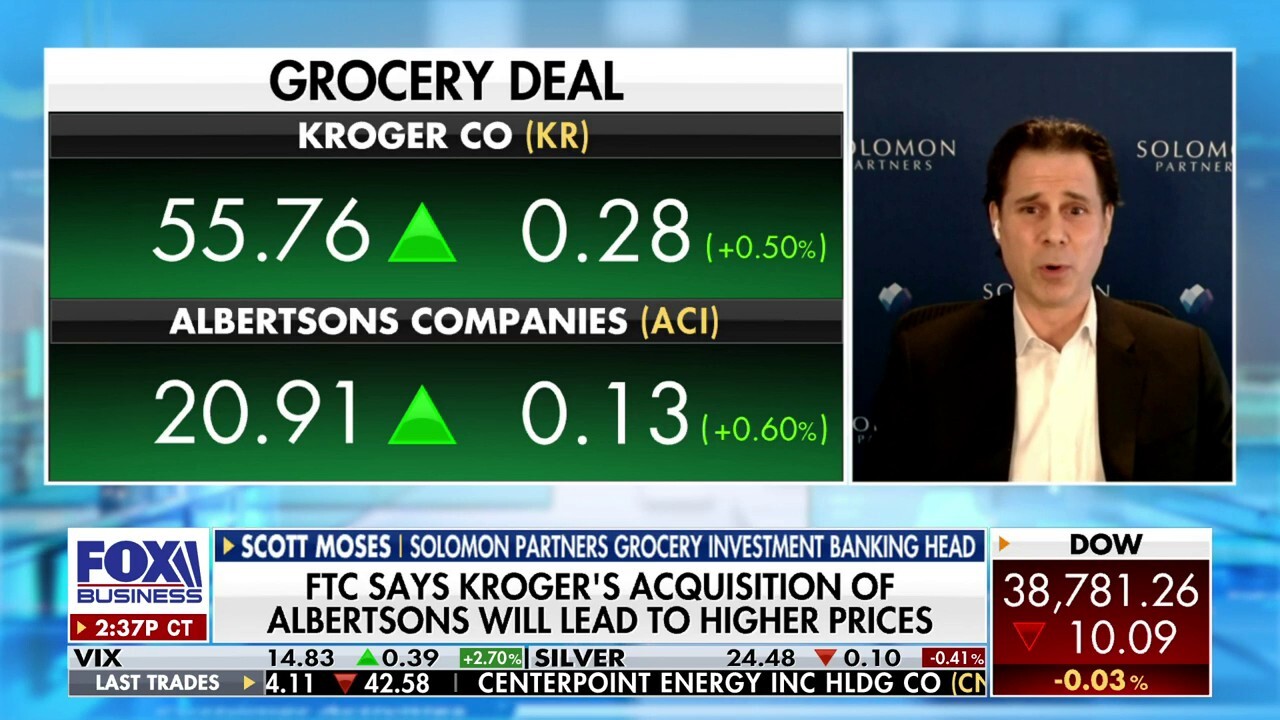 Scott Moses defends Kroger Albertsons merger, claiming it would decrease grocery prices further on The Claman Countdown.