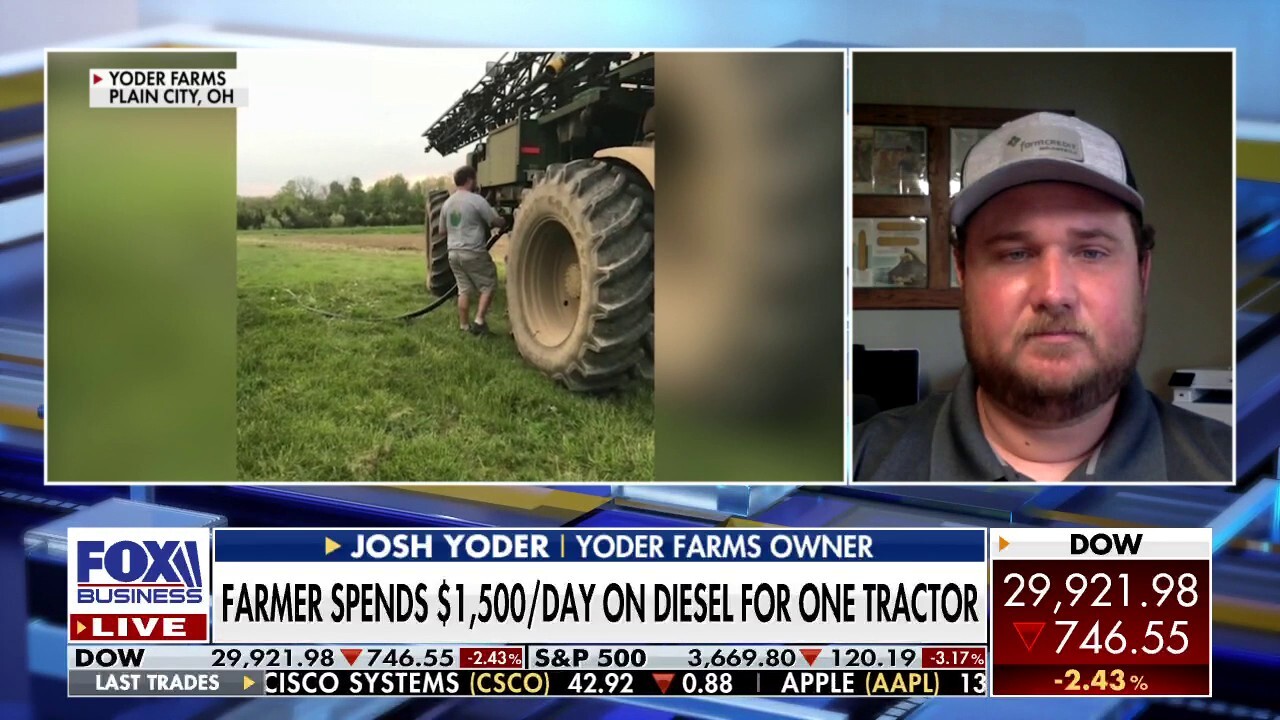 Yoder Farms owner Josh Yoder says he spends $1,500 a day for one tractor amid skyrocketing diesel cost. 
