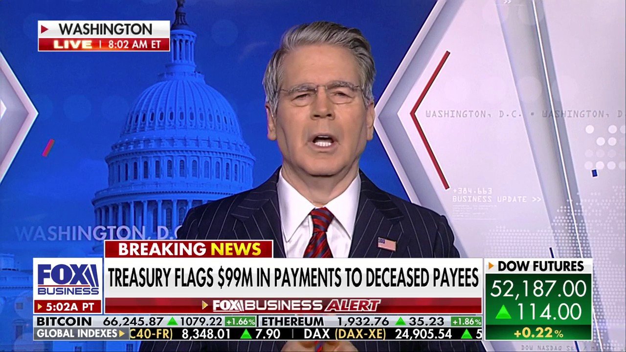 Treasury Secretary Scott Bessent joins 'Mornings with Maria' to discuss the Trump administration's payment verification system that blocked 'about $100 million' in payments to deceased people and could stop $350 million this year.