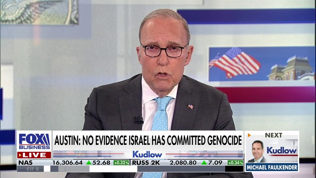  FOX Business host Larry Kudlow reacts to Defense Secretary Lloyd Austin saying there is no evidence Israel has committed genocide in the Middle East conflict on 'Kudlow.'