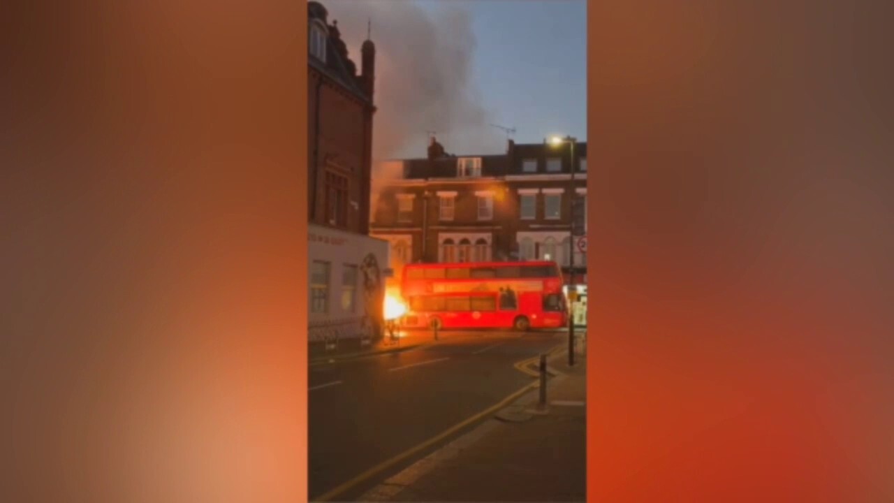 An electric double-decker bus caught fire in the southwest section of London, Wimbledon, last week. Credit: @Ben423952659513 on X via Storyful