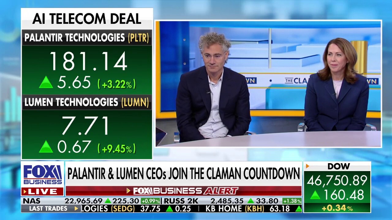 Palantir CEO Alex Karp and Lumen CEO Kate Johnson join Liz Claman in a Fox Business exclusive to discuss multi-million-dollar deal to create fast AI infrastructure.