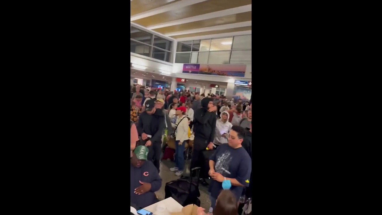 Seattle-Tacoma Airport travelers faced growing crowds during a three-hour Alaska Airlines groundstop that was blamed on a tech outage. (@MJDenny1369 via Storyful)